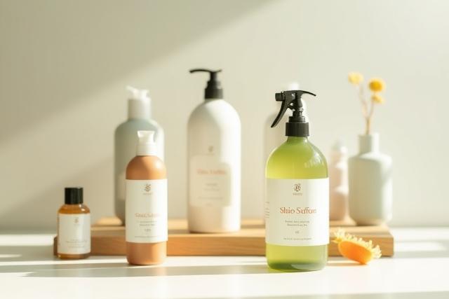 Shiso Saffronのロゴが入った完成品のエコフレンドリーなクリーニングボトル