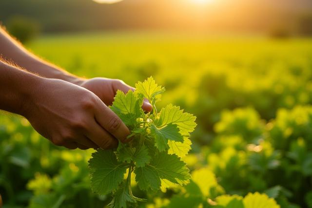 農家がオーガニックなシソの葉を収穫している様子