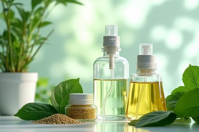 伝統的なハーブとモダンな研究室の要素を融合させた、持続可能性と革新を示すビジュアル